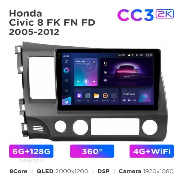 Radio samochodowe Teyes CC3 2k 6+128 Gb 360° Honda Civic 8 FK FN FD 2005-2012 10"