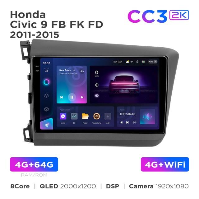 Radio samochodowe Teyes CC3 2k 4+64 Gb Honda Civic 9 FB FK FD 2011-2015 9"