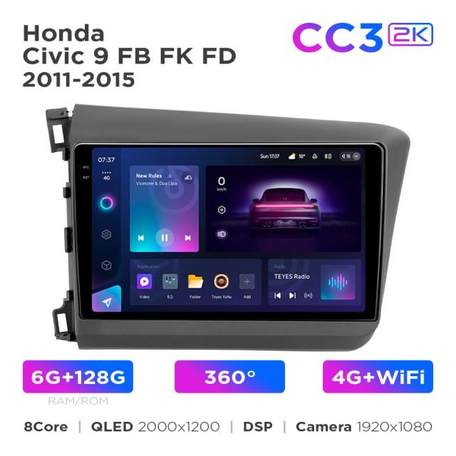 Radio samochodowe Teyes CC3 2k 6+128 Gb 360° Honda Civic 9 FB FK FD 2011-2015 9"