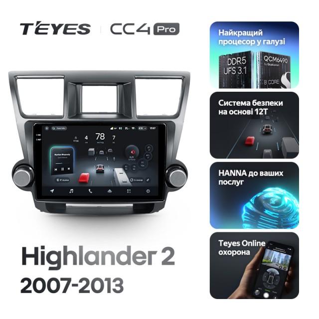Radio samochodowe Teyes CC4 Pro 2k 12+256 Gb Toyota Highlander 2 XU40 2007-2013 (F1) 10"
