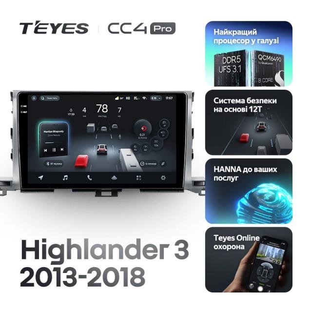 Radio samochodowe Teyes CC4 Pro 2k 12+256 Gb Toyota Highlander 3 XU50 2013-2018 10"