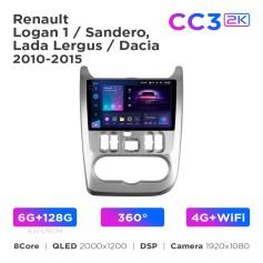 Radio samochodowe Teyes CC3 2k 6+128 Gb 360° Renault Logan 1, Sandero / Dacia Duster 2009-2017 9"