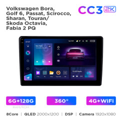 Radio samochodowe Teyes CC3 2k 6+128 Gb 360° Volkswagen Bora, Golf 6, Passat, Scirocco, Sharan, Touran / Skoda Octavia, Fabia 2 PQ 10"