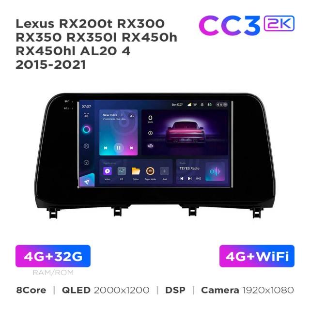 Radio samochodowe Teyes CC3 2k 4+32 Gb Lexus RX200t RX300 RX350 RX350l RX450h RX450hl AL20 4 2015-2021 10"