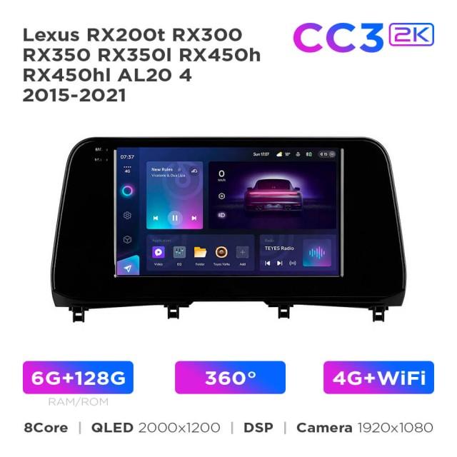 Radio samochodowe Teyes CC3 2k 6+128 Gb 360° Lexus RX200t RX300 RX350 RX350l RX450h RX450hl AL20 4 2015-2021 10"